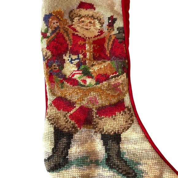 Vintage Needlepoint Christmas Stocking Santa Claus Design & Red Velvet Backing - Picture 3 of 6